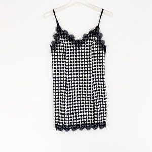 Eggie Black White Check Lace Trim Shift Dress MD